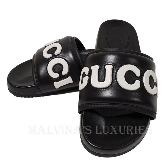 GUCCI SHOES MENS BLACK LEATHER JUMBO LOGO SLIDES FLATS SANDAL sz 8 / 8.5 US - Picture 3 of 15